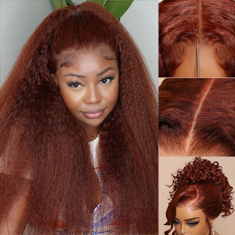 Firieya 7x5 Reddish Brown Kinky Straight Wig Ready To Go Glueless Lace Wigs Human Hair