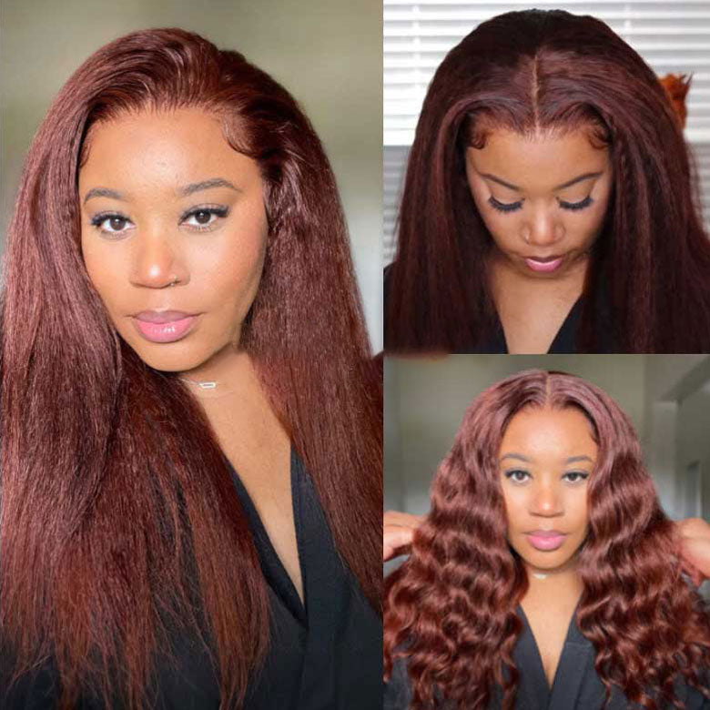 Firieya 9x6 Reddish Brown Kinky Straight Wig Ready To Go Glueless Lace Wigs Human Hair