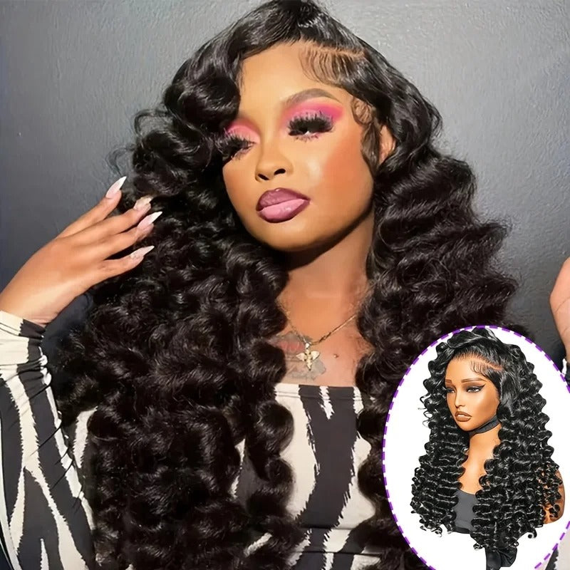 Firieya Loose Deep Wave 13x6 Full Lace Frontal with Natural Hairline & Side Part Clear Transparent Lace Natural Black Human Hair Wig