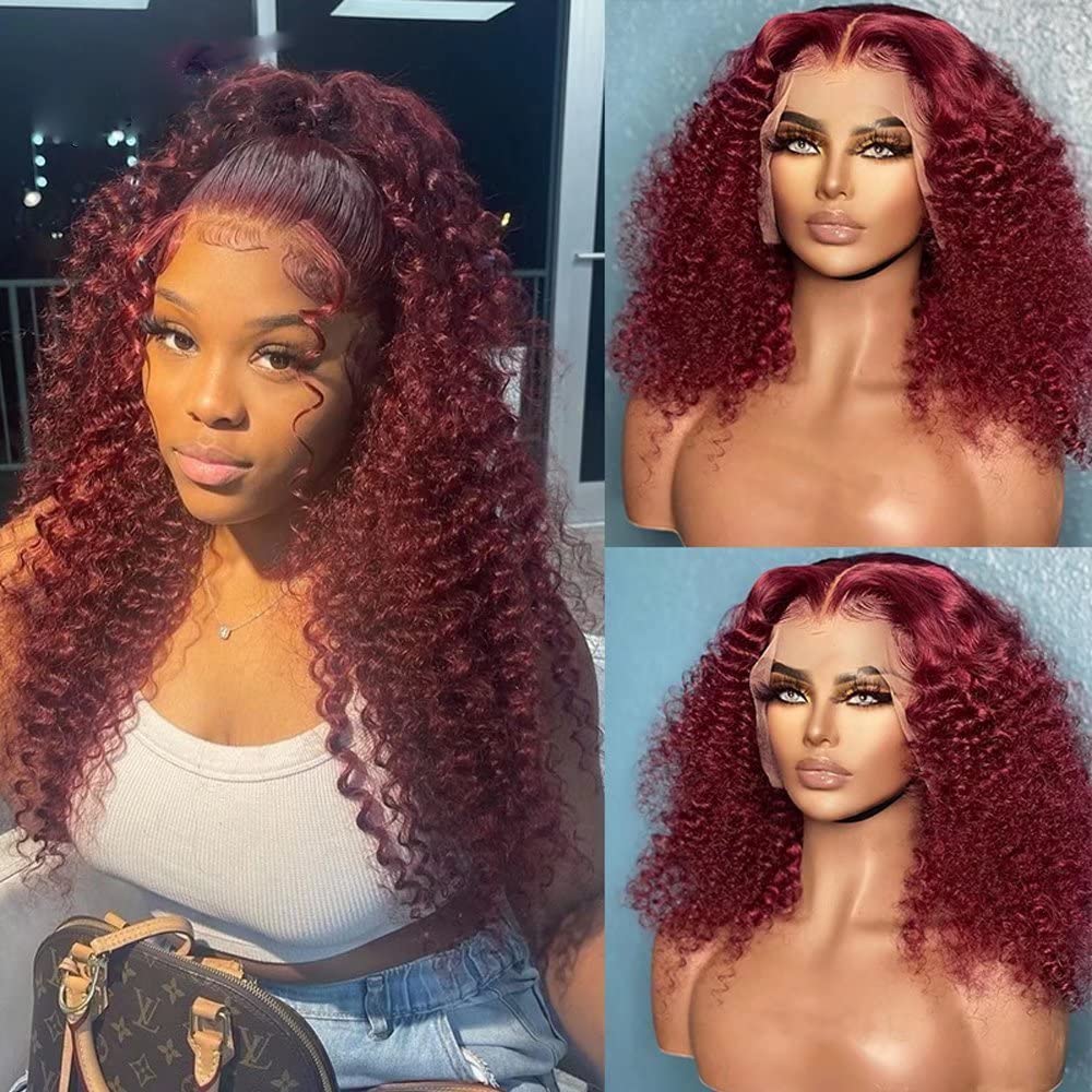 Firieya #99J Burgundy Wig Kinky Curly 13x4 Transparent Lace Human Hair Wigs