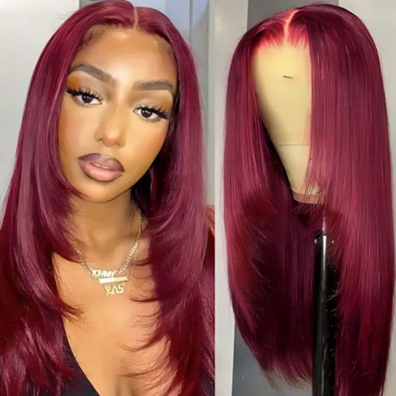 Firieya Layered Wig Straight Hair 99J Burgundy 13x4 Transparent Lace Frontal Human Hair Wigs