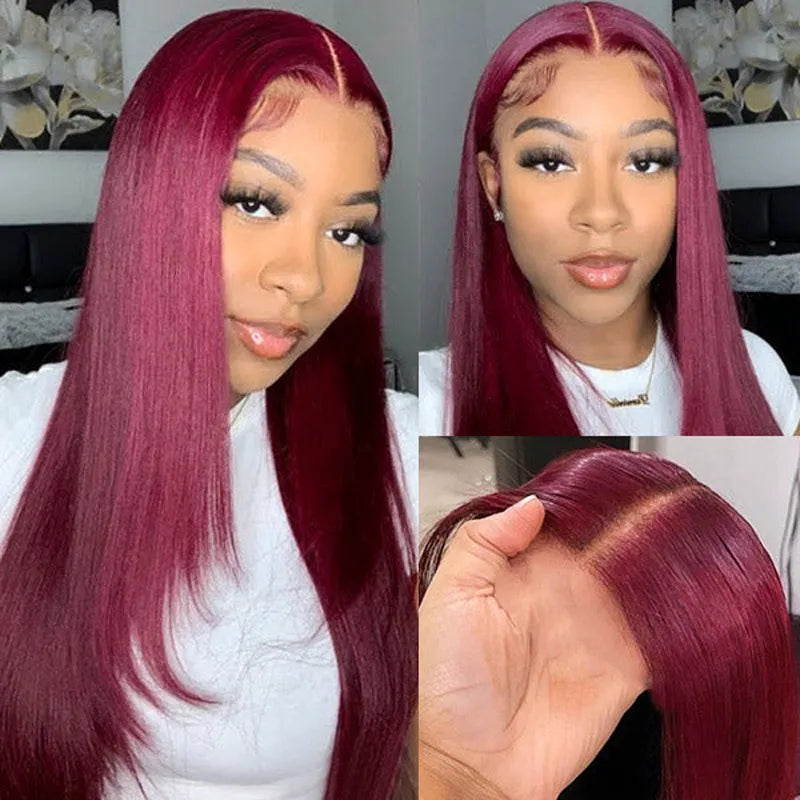 Firieya Layered Wig Straight Hair 99J Burgundy 13x4 Transparent Lace Frontal Human Hair Wigs