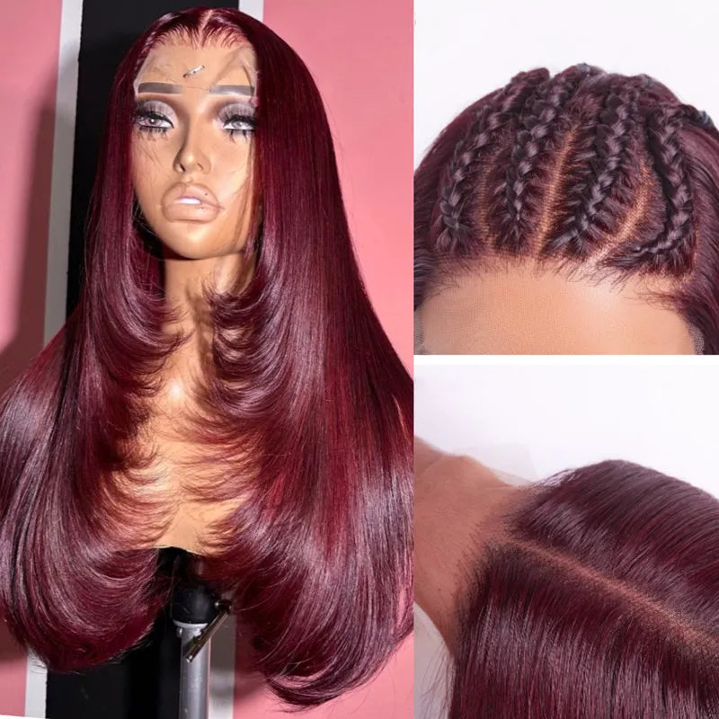 Firieya Layered Wig Straight Hair 99J Burgundy 13x4 Transparent Lace Frontal Human Hair Wigs