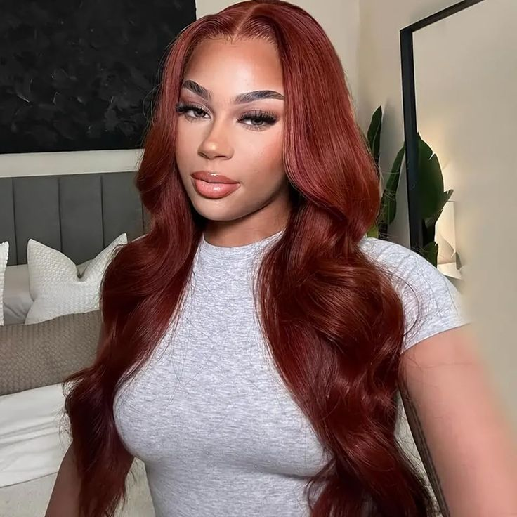 Firieya Reddish Brown Body Wave 13x4 Lace Front Wig Human Hair Natural Density Auburn Copper Color