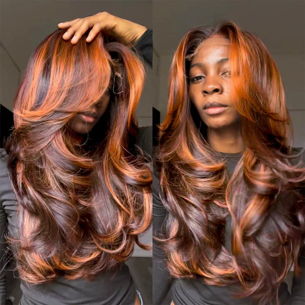 Firieya Brown with Ginger Highlights Body Wave 13x4 Transparent Lace Frontal Human Hair Wig