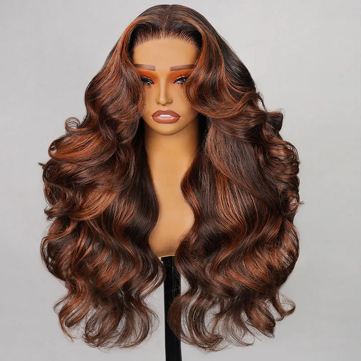 Firieya Brown with Ginger Highlights Body Wave 13x4 Transparent Lace Frontal Human Hair Wig