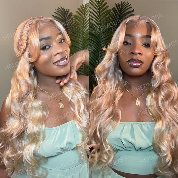 Firieya Blonde Highlight Curtain Bangs Body Wave Wigs 13x4 HD Lace Frontal Layered Human Hair Wigs