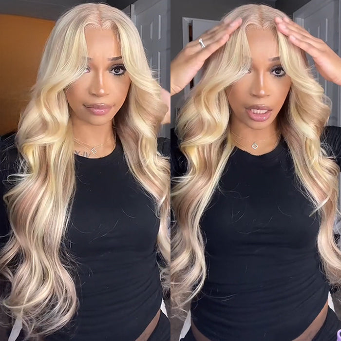 Firieya Blonde Highlight Curtain Bangs Body Wave Wigs 13x4 HD Lace Frontal Layered Human Hair Wigs
