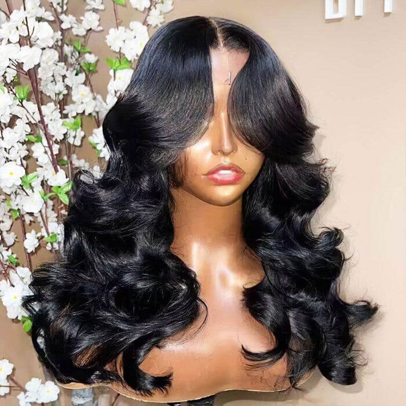 Firieya Glueless Body Wave Hair 13x4 Transparent Lace Front Wigs with Curtain Bangs For Women