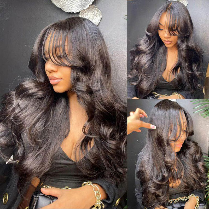 Firieya Glueless Body Wave Hair 13x4 Transparent Lace Front Wigs with Curtain Bangs For Women