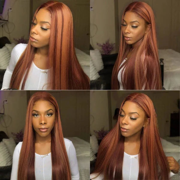 Firieya 13x4 Lace Frontal Wig Mixed Ginger Orange Straight Dimensional Copper Highlights Human Hair