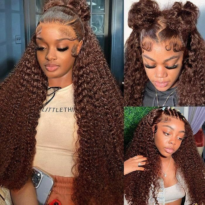 Firieya #4 Brown Colored Water Wave Lace Front Wig 13x4 Transparent Lace Frontal Wig Pre-Plucked Human Hair Wig