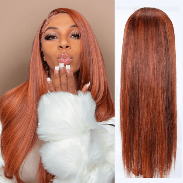 Firieya 13x4 Lace Frontal Wig Mixed Ginger Orange Straight Dimensional Copper Highlights Human Hair