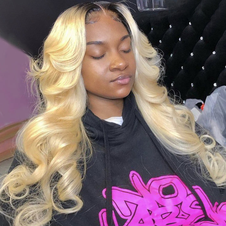 Firieya Natural Blended and Rooted T1B/613 Ombre Blonde 13x4 Lace Front Wigs Body Wave Human Hair Wig