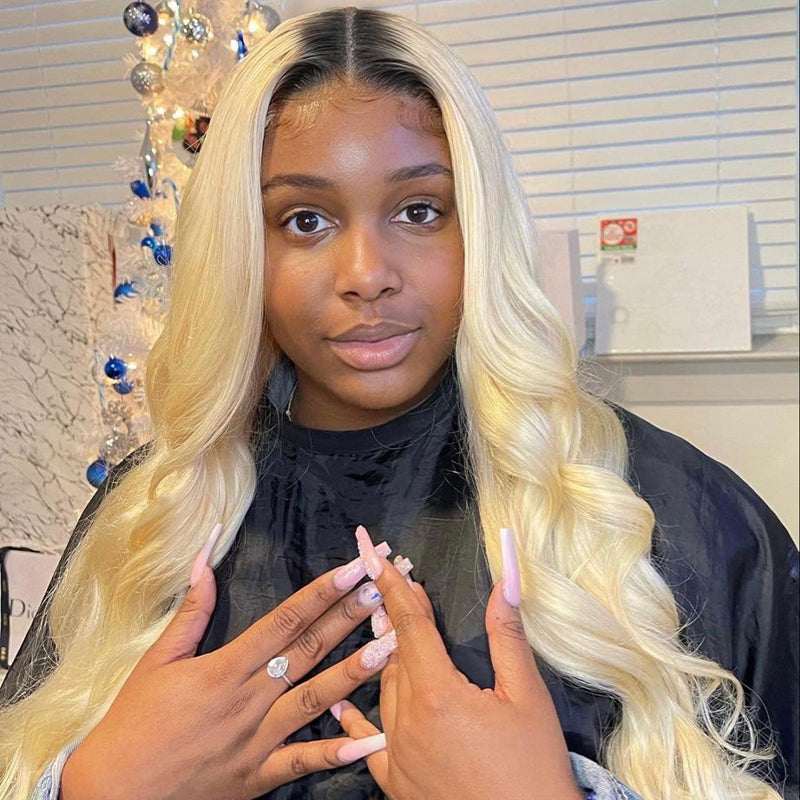 Firieya Natural Blended and Rooted T1B/613 Ombre Blonde 13x4 Lace Front Wigs Body Wave Human Hair Wig