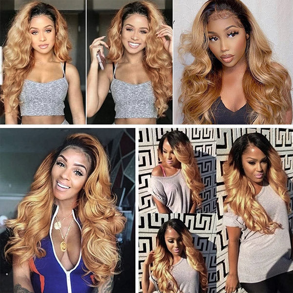Firieya Ombre Honey Blonde Lace Frontal Wigs Body Wave Human Hair Wigs with Baby Hair Colored Human HairWigs