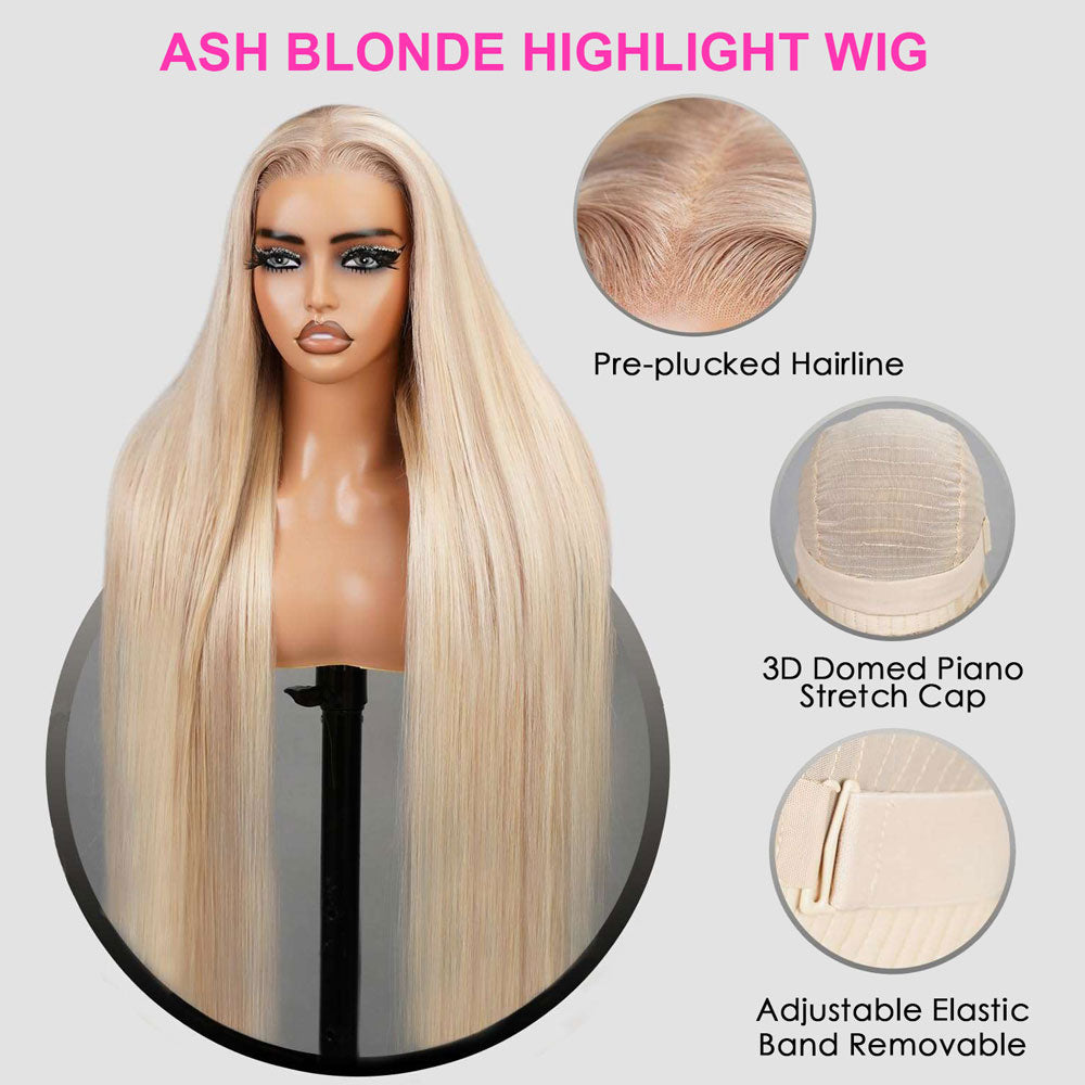 Firieya P18/613 Ash Blonde Highlight Straight/Body Wave Wig 13x4 HD Lace Frontal Pre-plucked Human Hair Wig