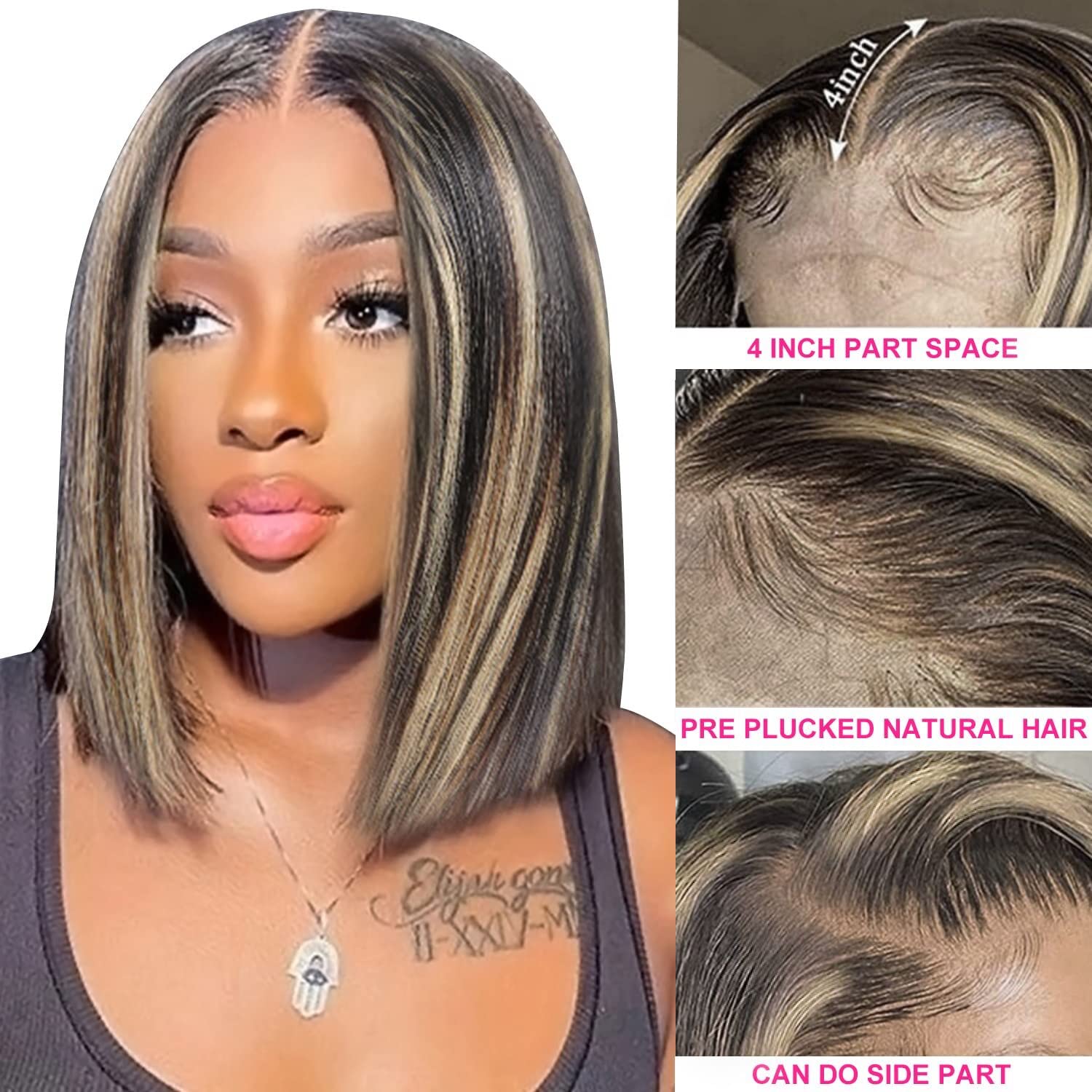 Firieya P1B/27 Balayage Ombre Highlight Straight Bob Wig 13x4 HD Lace Front Wig Pre Plucked Human Hair