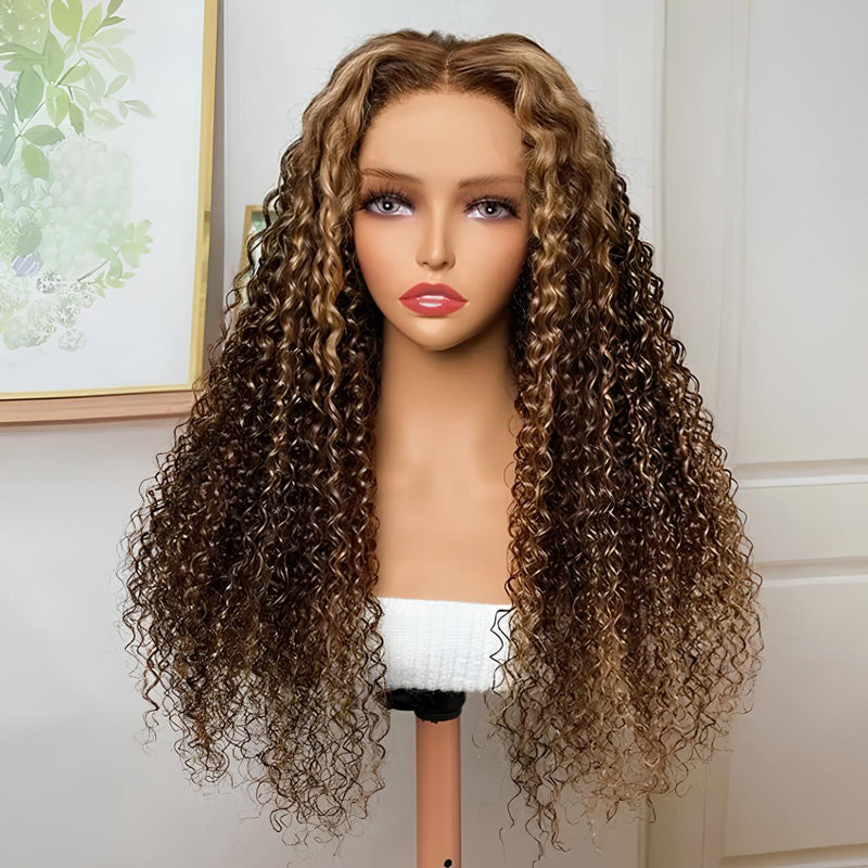 Firieya Highlight Honey Blonde Ombre Jerry Curly 13x4 Pre Plucked HD Lace Front Human Hair Glueless Wig