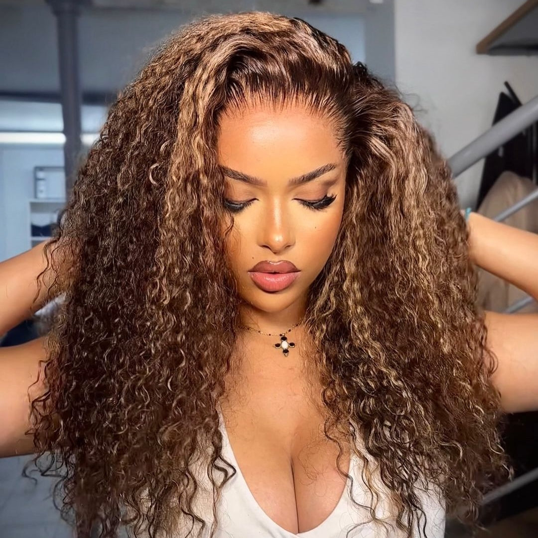 Firieya Honey Blonde 13x4/13x6 HD Lace Front Wig Human Hair Water Wave Ombre #P4/27 Highlight Human Hair Pre Plucked