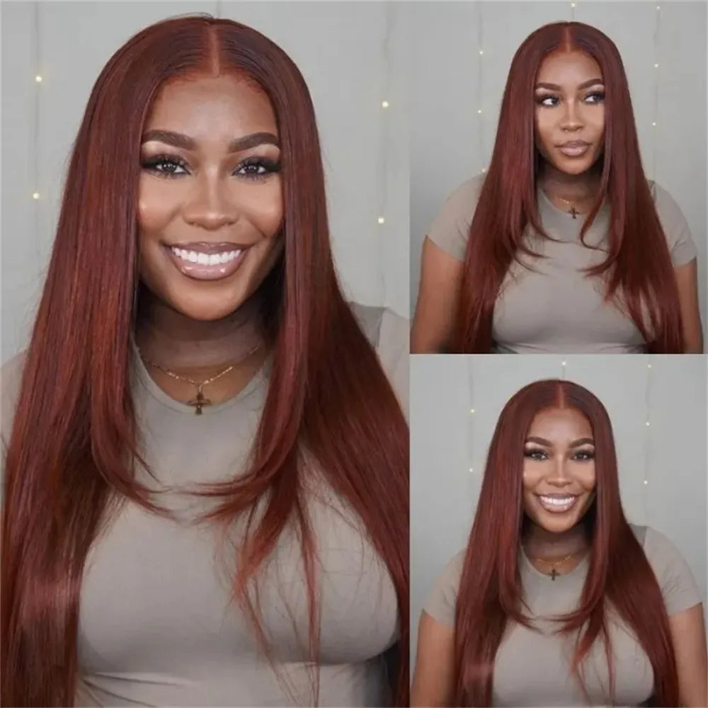 Firieya Straight Reddish Brown Wig Layered Middle Part 13x4 Lace Wigs Layer Cut Human Hair Wig