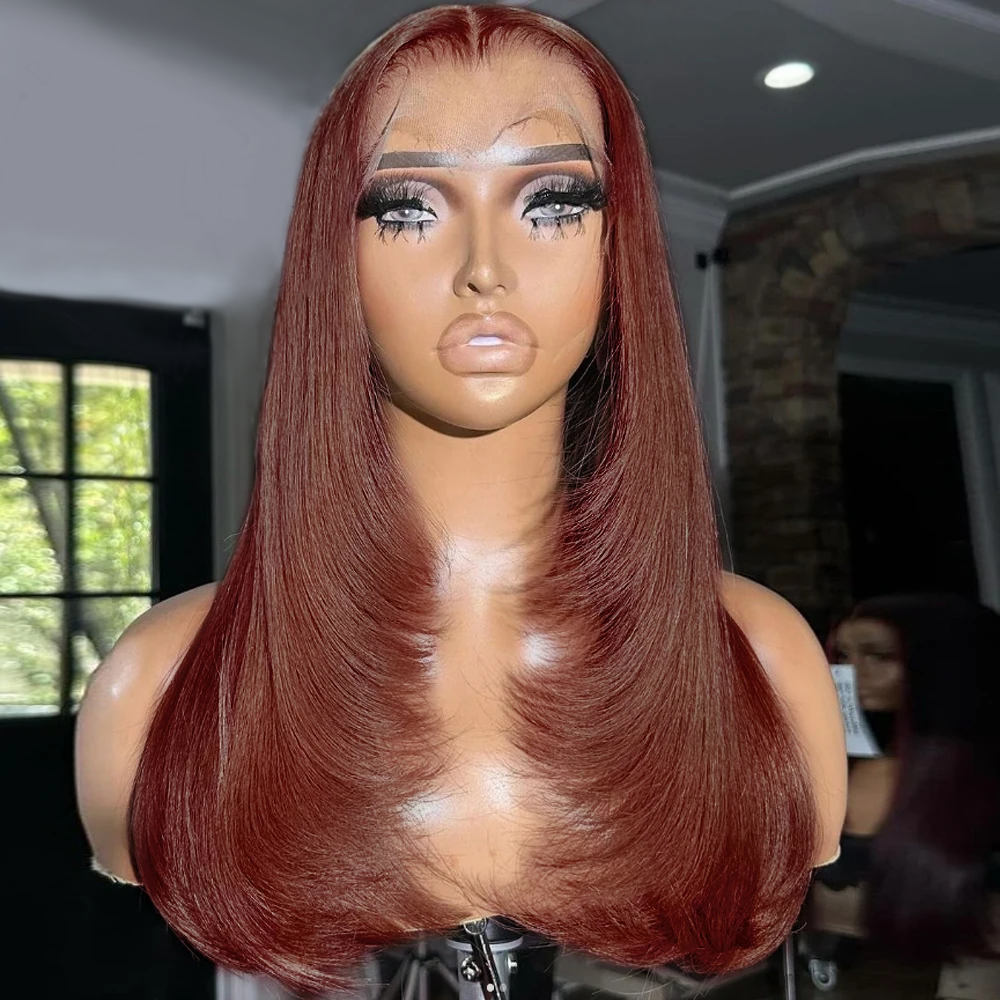 Firieya Straight Reddish Brown Wig Layered Middle Part 13x4 Lace Wigs Layer Cut Human Hair Wig