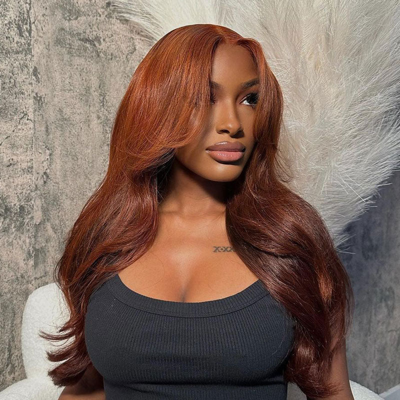 Firieya Reddish Brown Wig With Curtain Bangs 13x4 Lace Front Body Wave Wigs Human Hair Wig