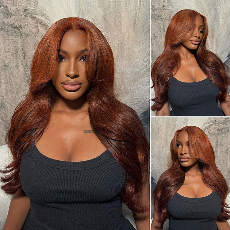 Firieya Reddish Brown Wig With Curtain Bangs 13x4 Lace Front Body Wave Wigs Human Hair Wig