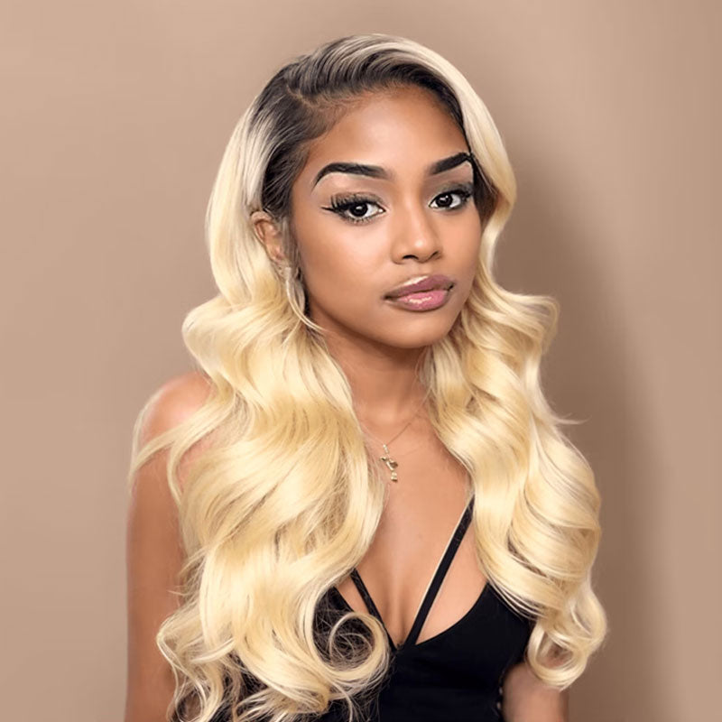 Firieya Natural Blended and Rooted T1B/613 Ombre Blonde 13x4 Lace Front Wigs Body Wave Human Hair Wig