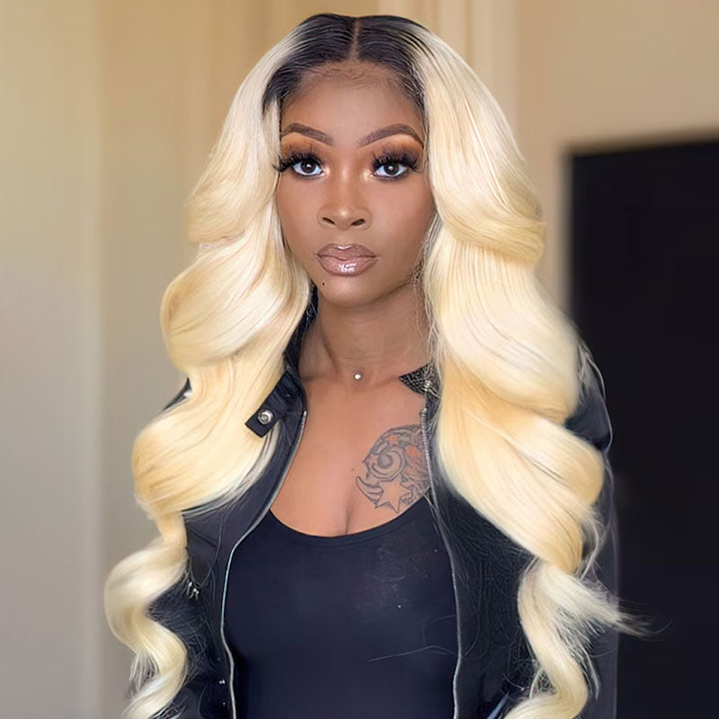 Firieya Natural Blended and Rooted T1B/613 Ombre Blonde 13x4 Lace Front Wigs Body Wave Human Hair Wig