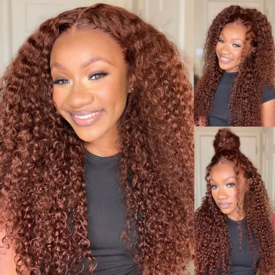 Firieya 9x6 Pre-Cut Lace #33 Reddish Brown Kinky Curly Pre-Bleached Glueless Wig Invisible Lace Wig Dome Cap Wigs