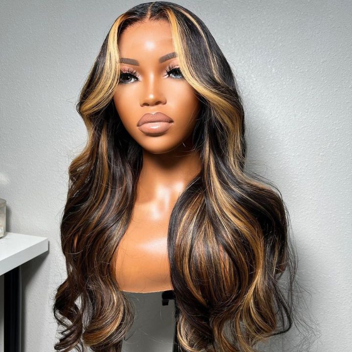 Firieya Balayage Honey Blonde Highlight Body Wave 13x4 Glueless HD Lace Front Wigs #P1B/27 Colored Human Hair Wigs