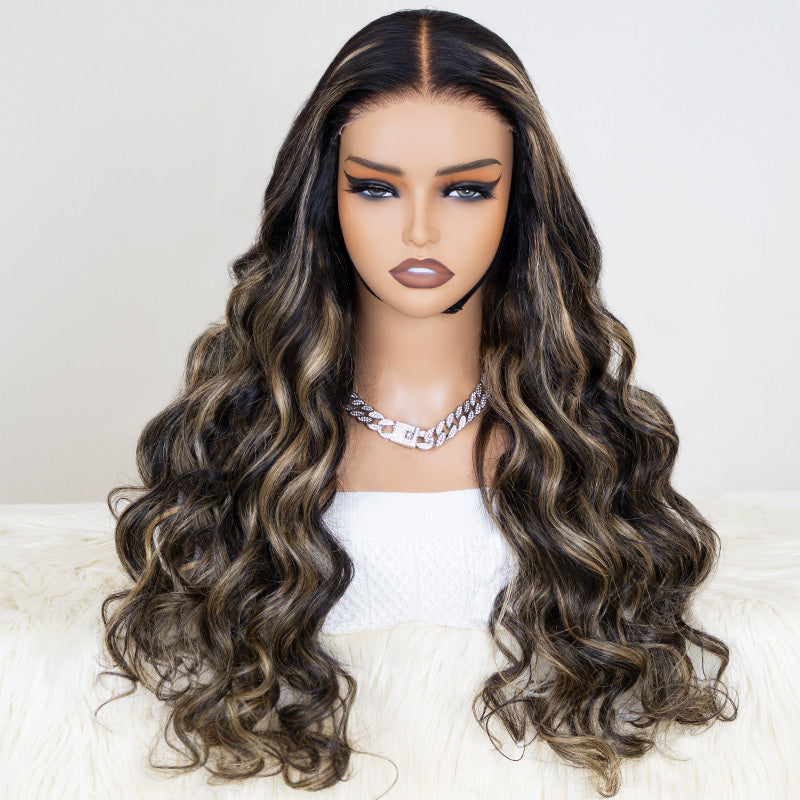 Firieya Balayage Honey Blonde Highlight Body Wave 5x5 Glueless HD Lace Closure Wigs 1B/27 Colored Human Hair Wigs