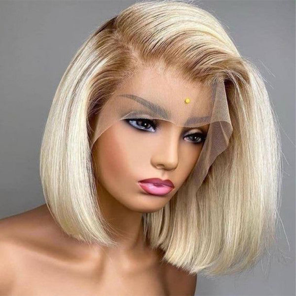 Firieya #4/613 Blonde Bob Wigs with Dark Brown Roots Ombre Lace Closure Bob Wigs