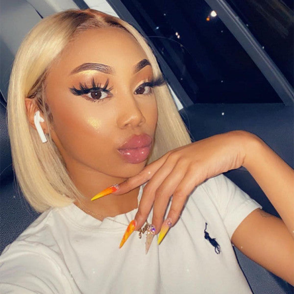 Firieya #4/613 Blonde Bob Wigs with Dark Brown Roots Ombre Lace Closure Bob Wigs