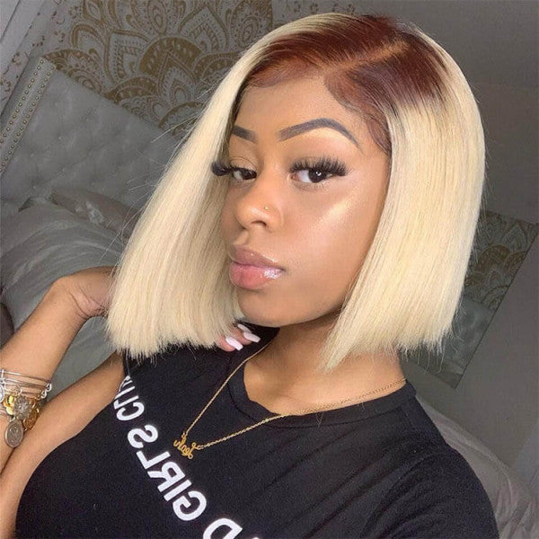 Firieya #4/613 Blonde Bob Wigs with Dark Brown Roots Ombre Lace Closure Bob Wigs