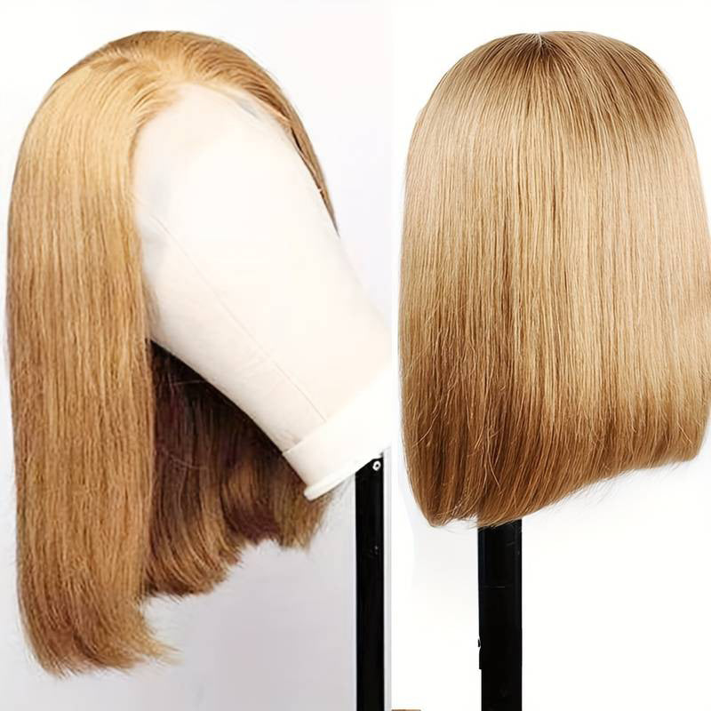 Firieya Glueless #27 Honey Blonde Short Straight Bob 13×4 Transparent Lace Wig