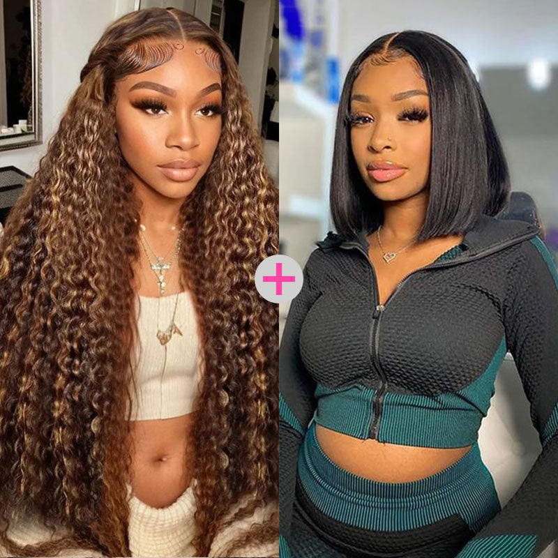 2 Wigs = $219 | 24" 13x4 P4/27 Highlight Water Wave Wig & 10" 13x4 Straight Bob Wig