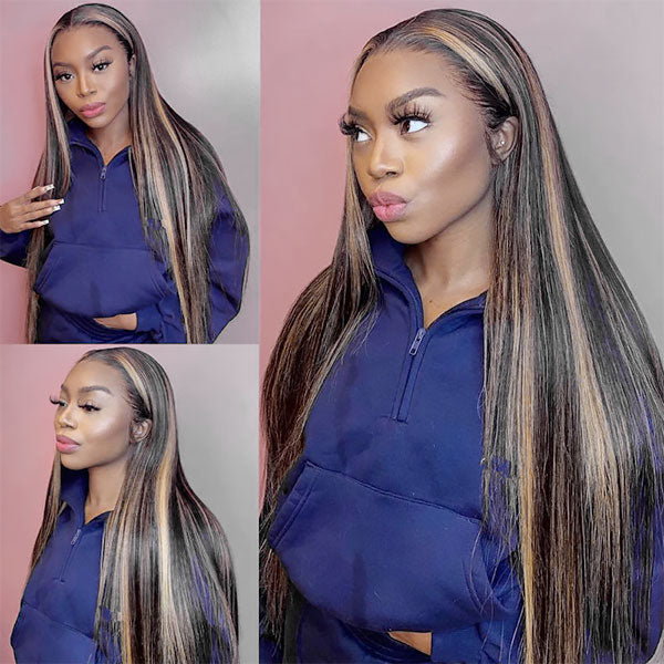 Firieya 1B/27 Highlight Black Blonde Straight Wigs 13x4 Lace Frontal Wig Pre-plucked Glueless Straight Human Hair Wig