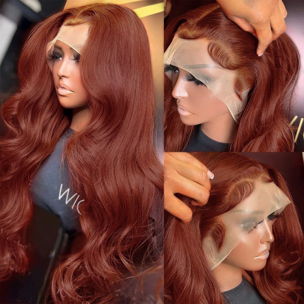 Firieya Reddish Brown Body Wave 13x4 Lace Front Wig Human Hair  Natural Density Auburn Copper Color