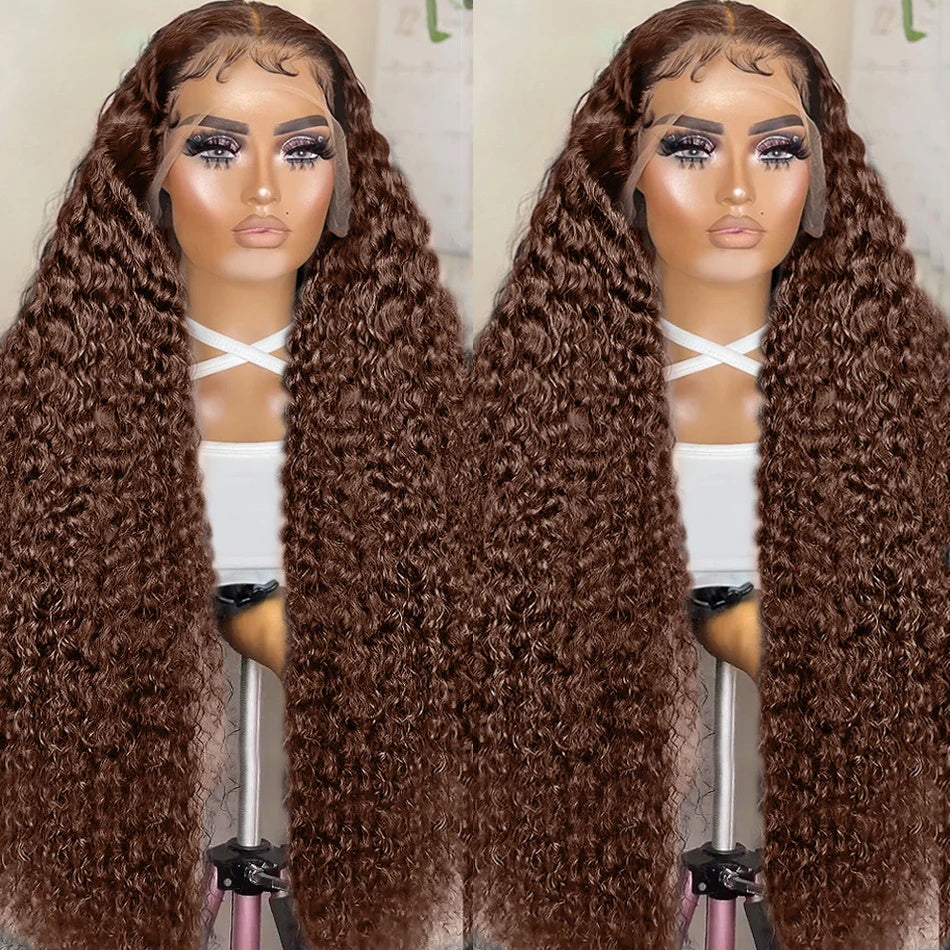 Firieya #4 Brown Colored Deep Wave Lace Front Wig 13x4 Transparent Lace Frontal Wig Pre-Plucked Human Hair Wig