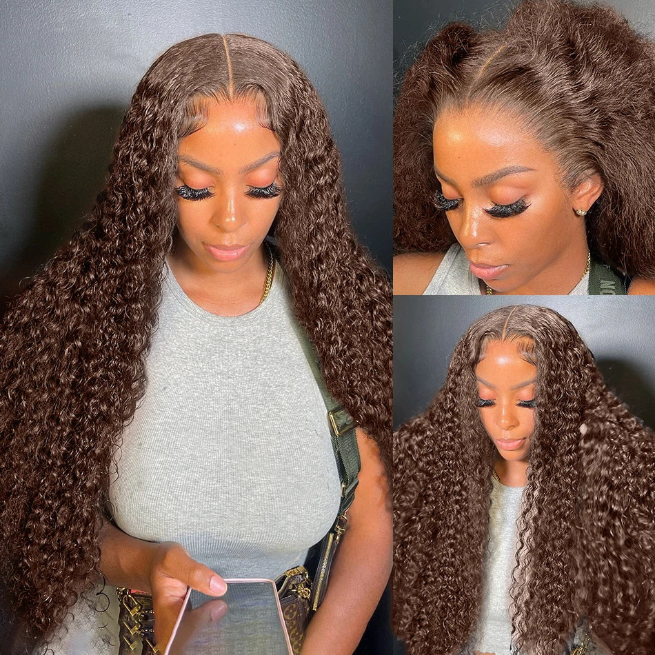 Firieya #4 Brown Colored Deep Wave Lace Front Wig 13x4 Transparent Lace Frontal Wig Pre-Plucked Human Hair Wig