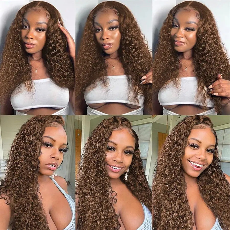Firieya #4 Brown Colored Deep Wave Lace Front Wig 13x4 Transparent Lace Frontal Wig Pre-Plucked Human Hair Wig