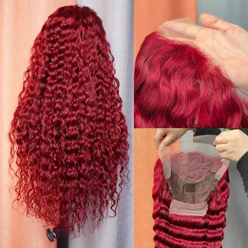Firieya 99J Burgundy Deep Wave 13x4 Lace Front Wigs for Women Pre Plukced with Baby Hair Deep Curly Human Hair Wigs