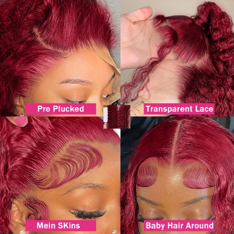 Firieya 99J Burgundy Deep Wave 13x4 Lace Front Wigs for Women Pre Plukced with Baby Hair Deep Curly Human Hair Wigs
