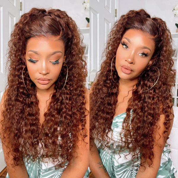 Firieya Reddish Brown Water Wave 13x4 Lace Front Wig Human Hair #33 Brown Brunette Auburn Copper Color