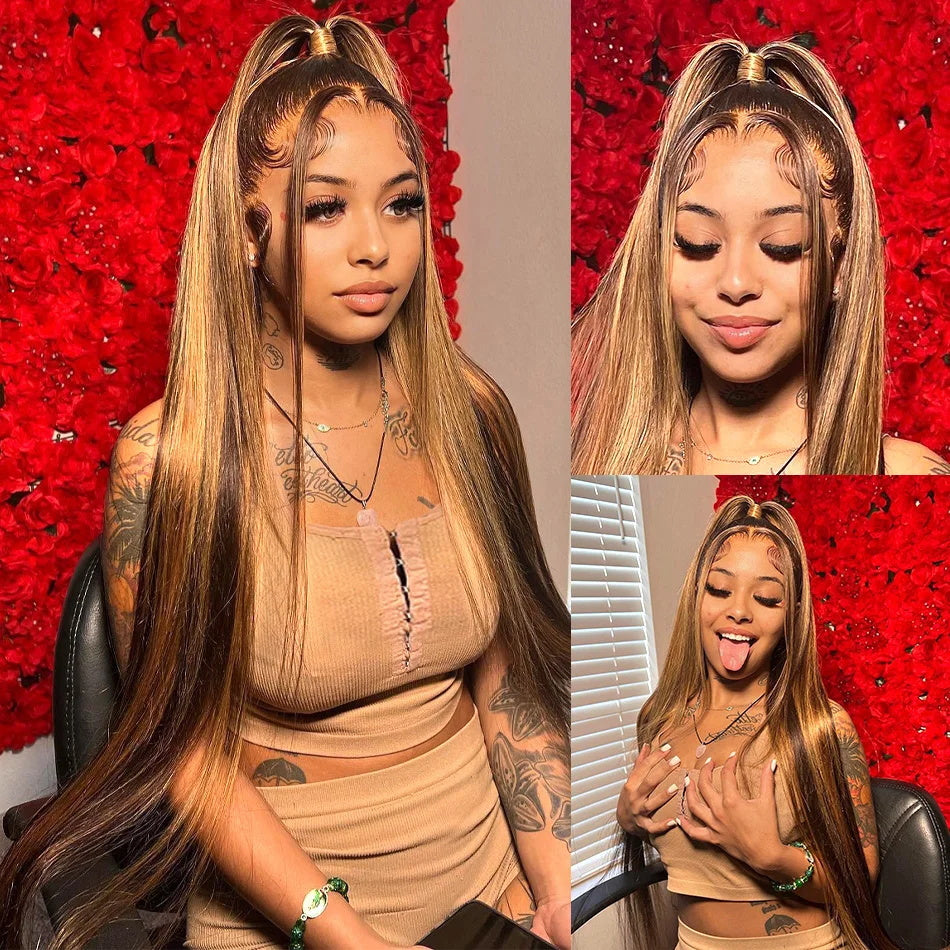 Firieya 13x6 HD Lace Front Straight Wig Honey Blonde Piano Highlights Transparent Human Hair Wigs