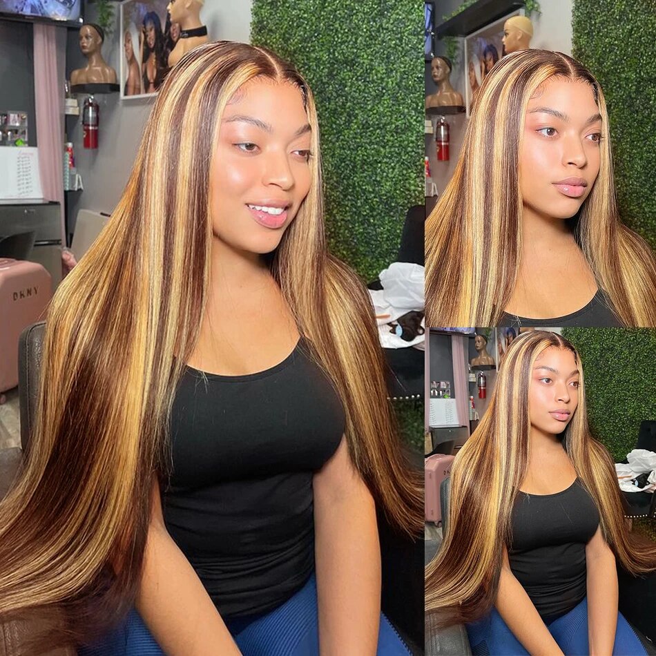 Firieya 13x6 HD Lace Front Straight Wig Honey Blonde Piano Highlights Transparent Human Hair Wigs