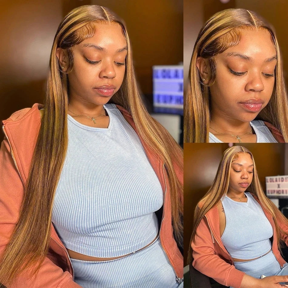 Firieya 13x6 HD Lace Front Straight Wig Honey Blonde Piano Highlights Transparent Human Hair Wigs