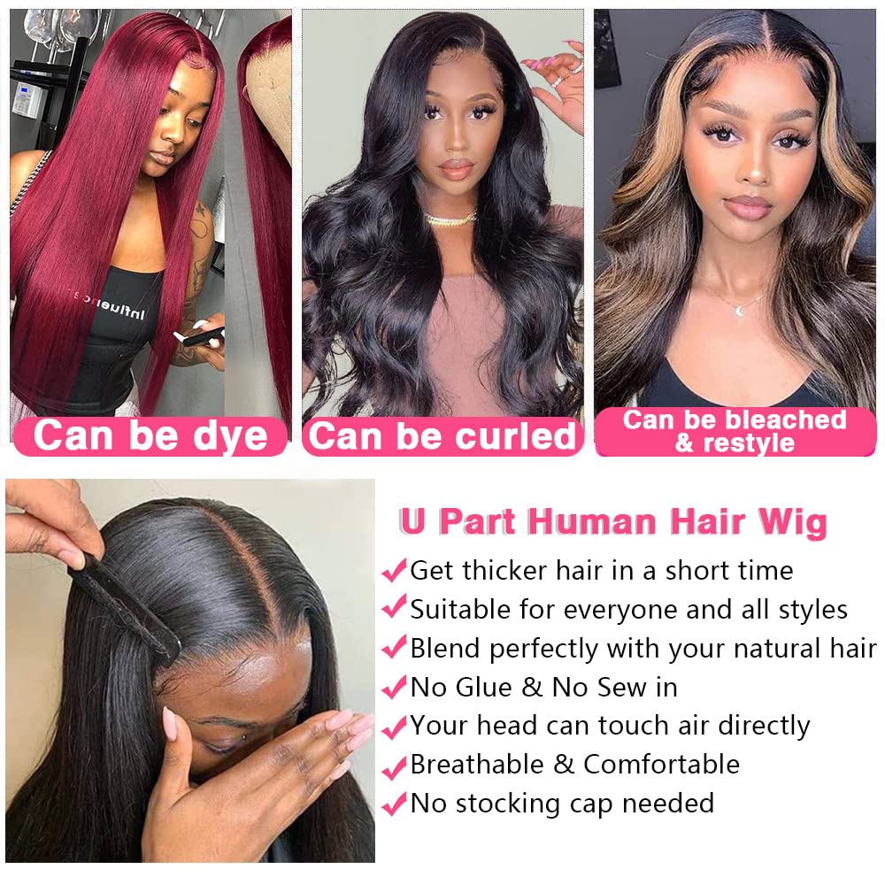 Firieya U Part Human Hair Wigs for Black Women Straight Beginner Friendly Unprocessed Virgin Human Hair Wig Glueless Hair Natural Color